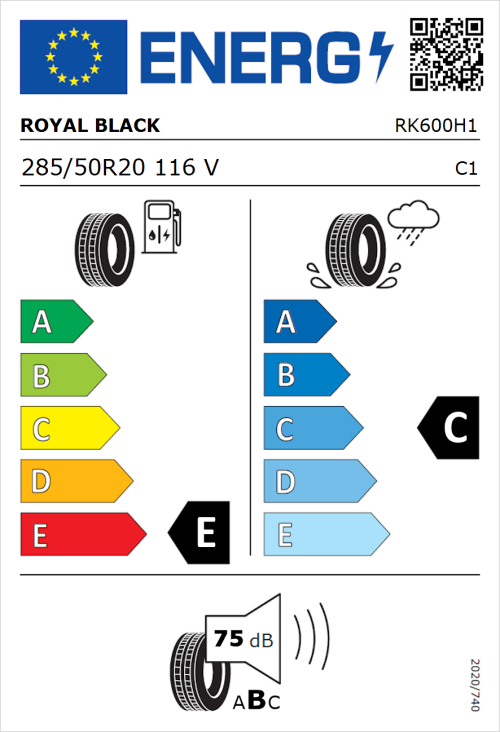 Tyre Label for Royal Black Performance 285/50R20 116V
