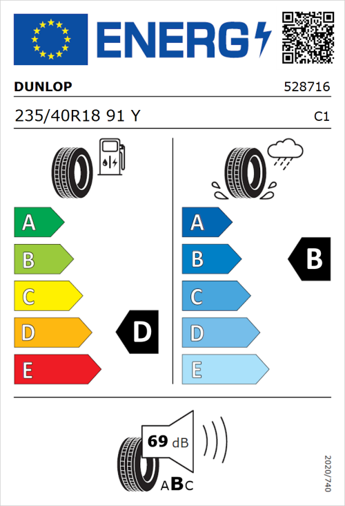 Tyre Label for Dunlop SP SPORTMAXX GT 235/40R18 91Y