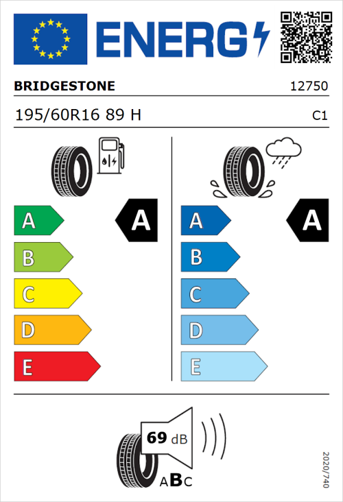 Tyre Label for Bridgestone Turanza T001 195/60R16 89H