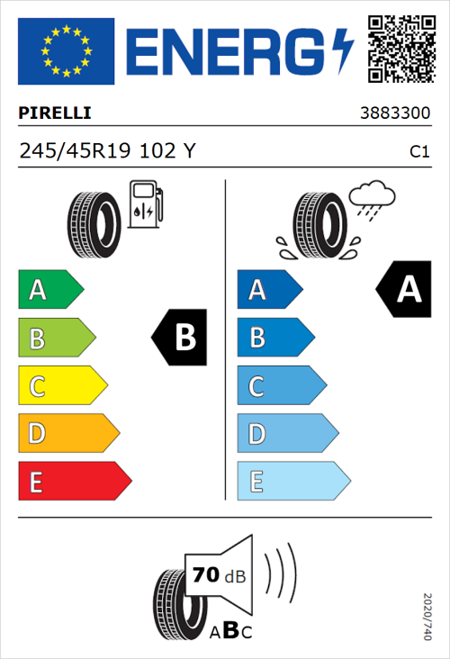 Tyre Label for Pirelli Powergy 245/45R19 102Y