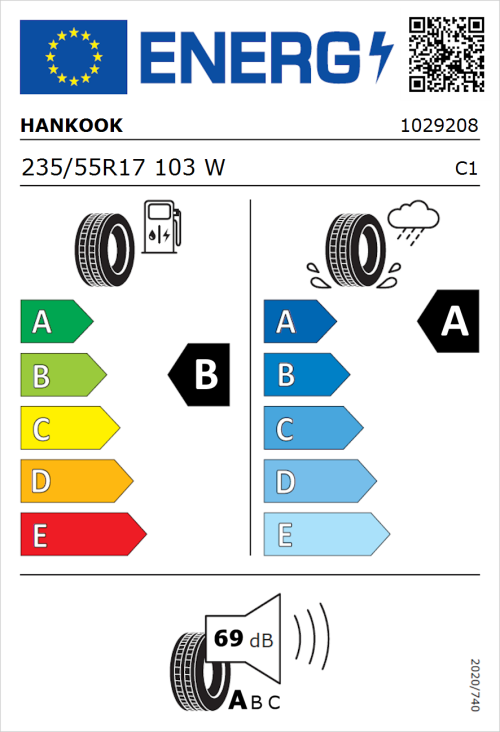 Tyre Label for Hankook Ventus Prime 4 (K135) 235/55R17 103W