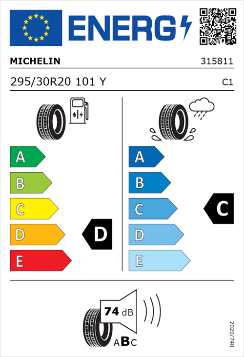 Tyre Label for Michelin Pilot Sport Cup 2 295/30R20 101Y