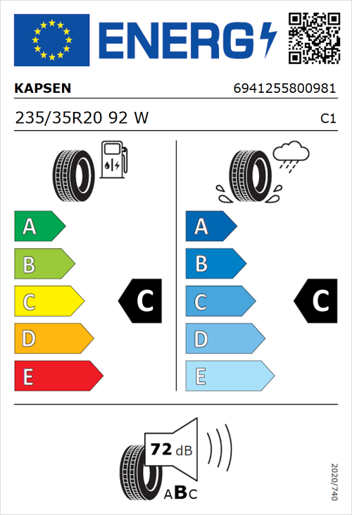 Tyre Label for Kapsen S2000 235/35R20 92W