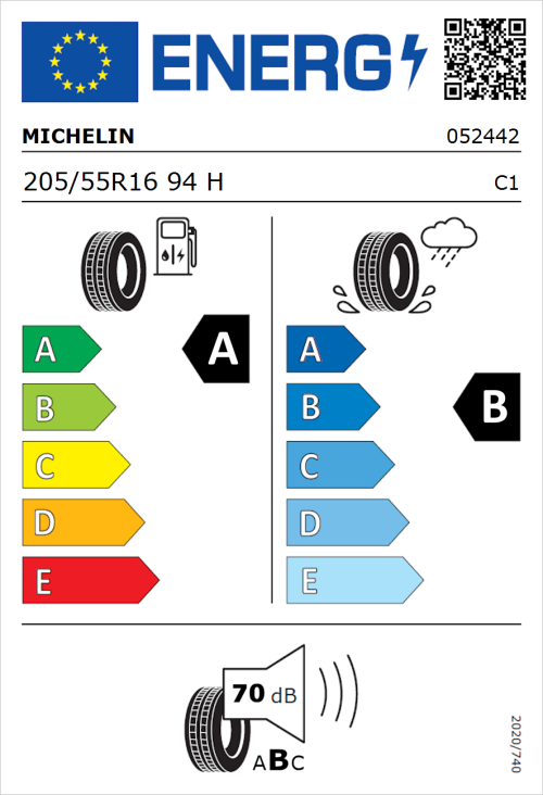 Tyre Label for Michelin e.primacy 205/55R16 94H