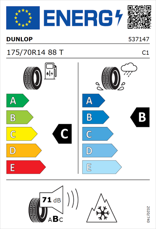 Tyre Label for Dunlop SP WinterResponse 2 175/70R14 88T
