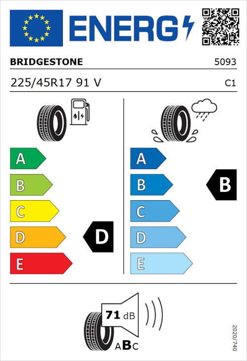 Tyre Label for Bridgestone Turanza T001 225/45R17 91V