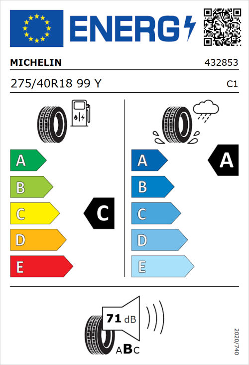 Tyre Label for Michelin Primacy 3 (Zero Pressure) 275/40R18 99Y